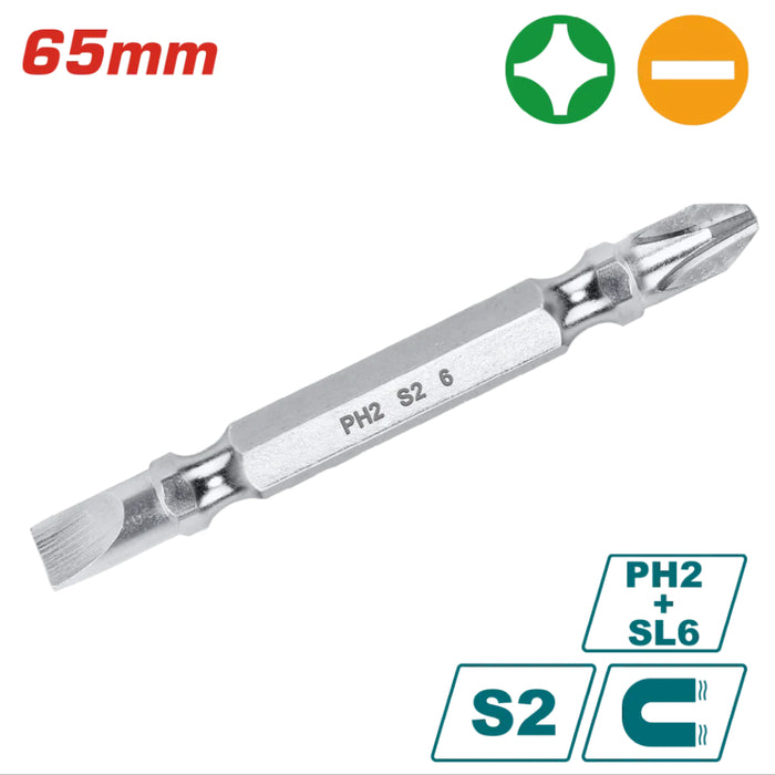 Embouts Tournevis PH2 SL6 65 mm Acier S2 Aimanté Hexagonal 1/4 Pouce