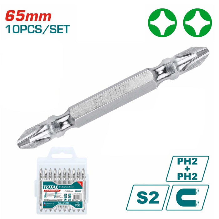 Embouts Tournevis PH2X65 Tac16PH233 Acier S2 10 Pièces Double Magnétique