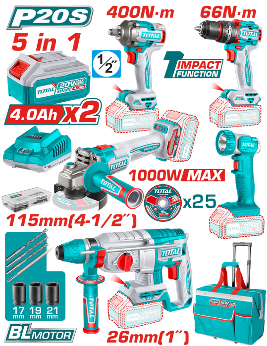 Kit Outils 5en1 20V 2.4Ah TCKLI20592 Chargeur Rapide Inclus Perceuse à Percussion Compacte