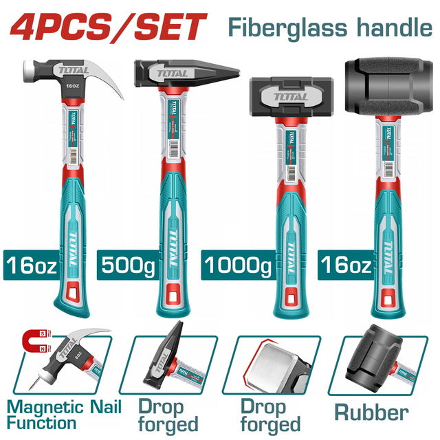 Set de 4 Marteaux TOTAL Fibre de Verre THCH6004 Pro