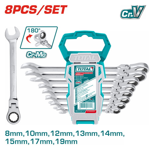 Jeu de Clés à Cliquet TOTAL THT102RK586 8 Pièces 8 mm à 19 mm Corps Acier Ch Tête Orientable 180 Degrés
