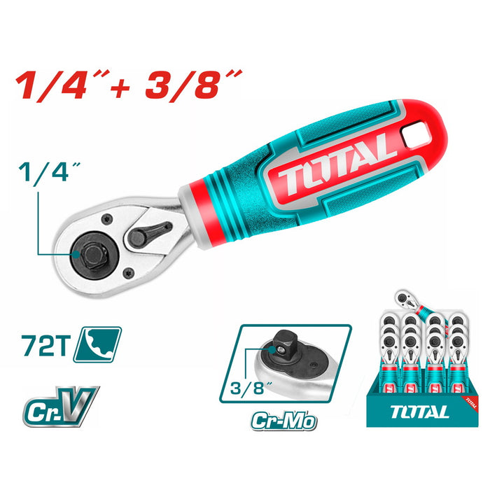 Clé à Cliquet Réversible Double Carré TOTAL THT1061438 1/4" 3/8" 72 Dents Bi-Matière Ergonomique