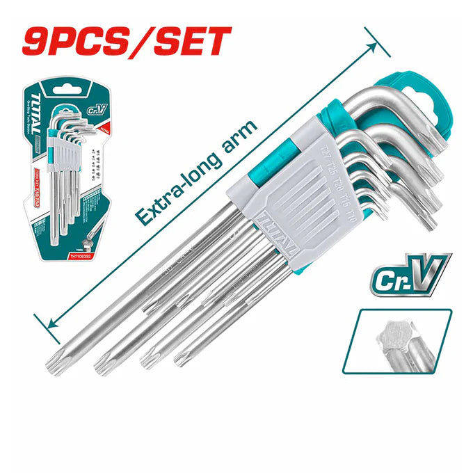 Jeu de Clés Torx Total JX 9 Pièces THT106391 Bras Extra Long T10 à T50 Traitement Thermique et Plaque Chromée