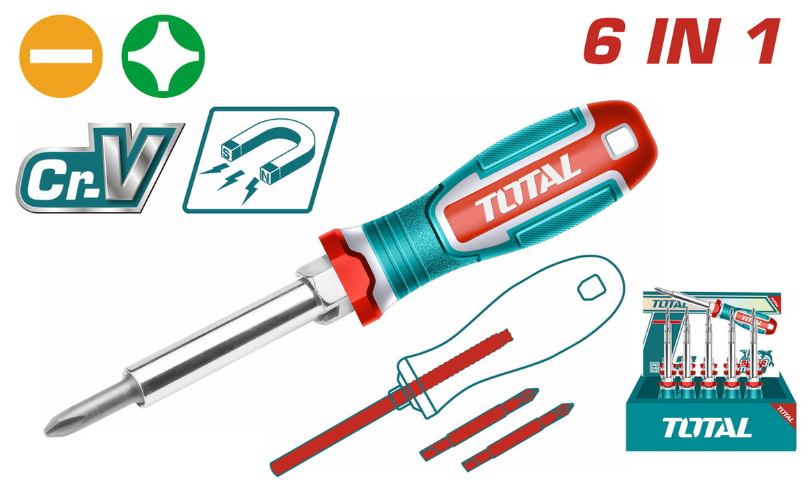 THT2506076 – Tournevis TOTAL 6 En 1 – Embouts Réversibles - TOTAL TOOLS TUNISIA Site officiel | Station d'outils