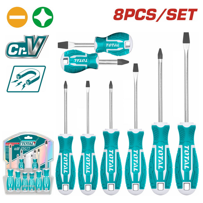 Coffret de Tournevis Total JX 8 THT250608 avec 4 Tournevis Plats et 4 Tournevis Cruciformes en Acier Cr-V