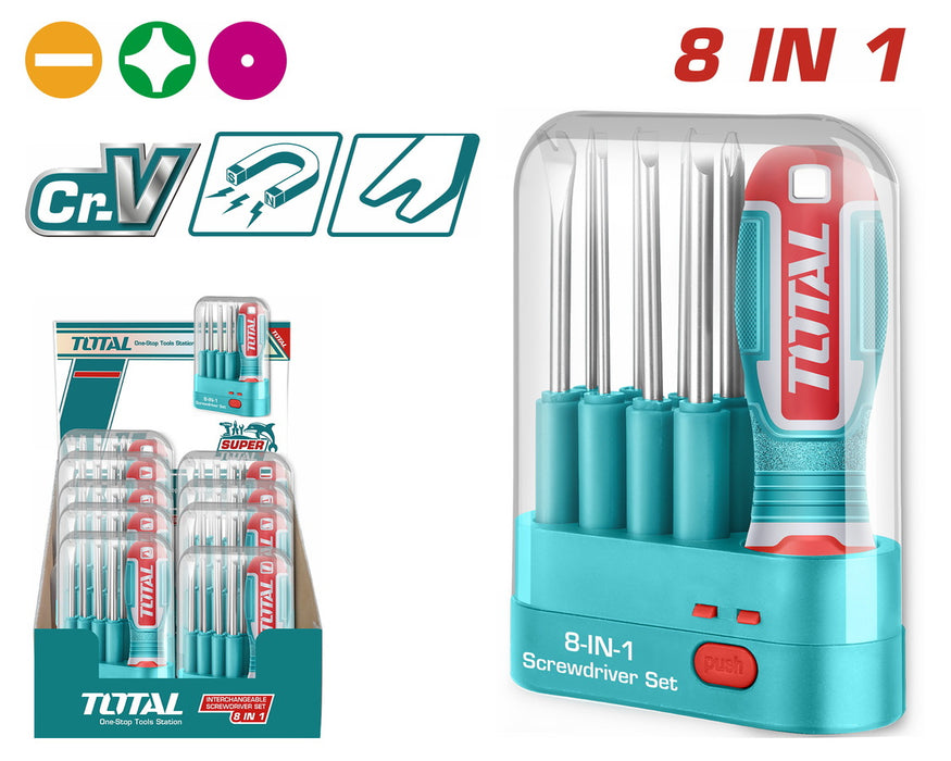 Total JX Tournevis Inter 8 En 1 THT250906 avec Manche Ergonomique et Lames Interchangeables en Acier Cr-V