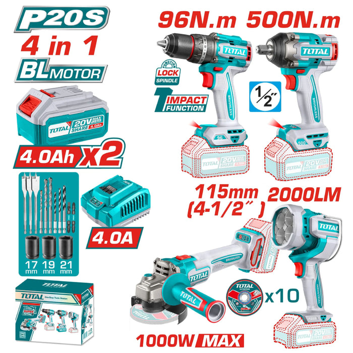 Total Kit Outillage 4En1 20V Visseuse Clé À Chocs Brushless