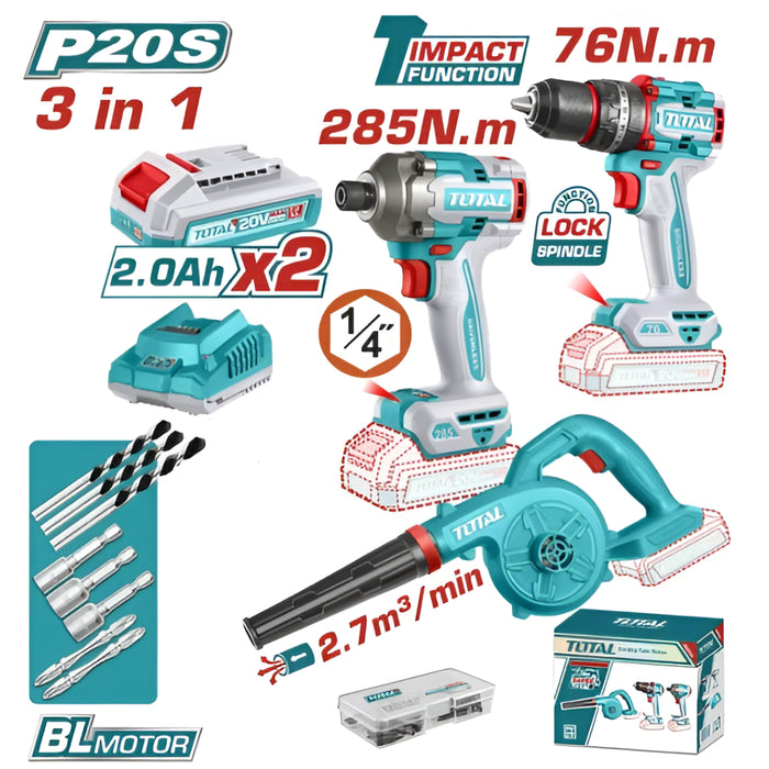 Kit Outillage 3 En 1 Sans Fil 20V P20S TOSLI250182 Total
