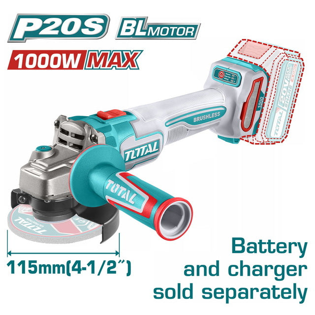 Meuleuse Angulaire Sans Fil 20V 1000W Brushless 115mm TOTAL TAGLI27153