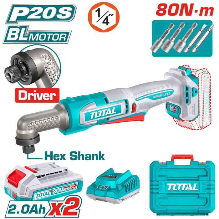 TOTAL Tournevis A Cliquet D Angle Sans Fil 20V Brushless 90 Nm Perf TAIRLI208