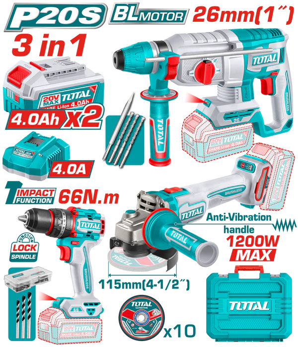 TOTAL P20S 20V Brushless Kit 3 en 1 SDS Plus 26mm Perceuse TCKLI202598