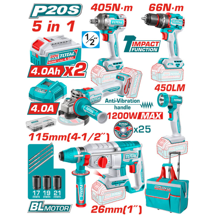 TOTAL Kit Outillage 5 En 1 20V 2,4Ah Avec 2 Batteries Et Chargeur TCKLI20595