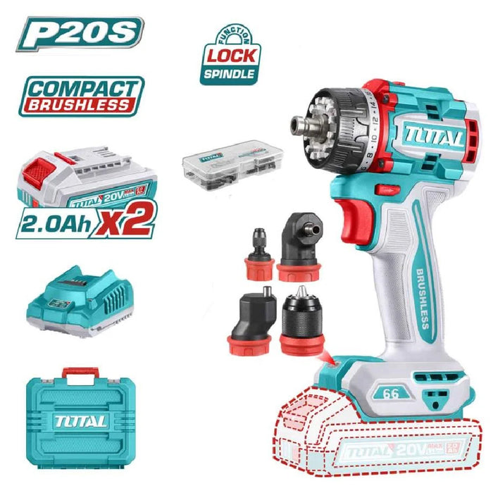 TOTAL Perceuse Visseuse Multi Tête Brushless 20V 66Nm Polyvalente TDLI206686