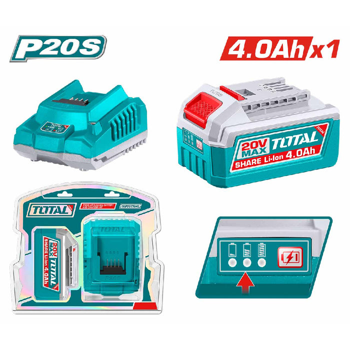 TOTAL P20S 20V Batterie Li Ion 4.0Ah et Chargeur Kit Pro TFBCPK1012
