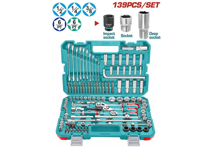 Total Ensemble de 139 Outils avec Douilles et Cliquets en Acier Cr-V THKTHP21396