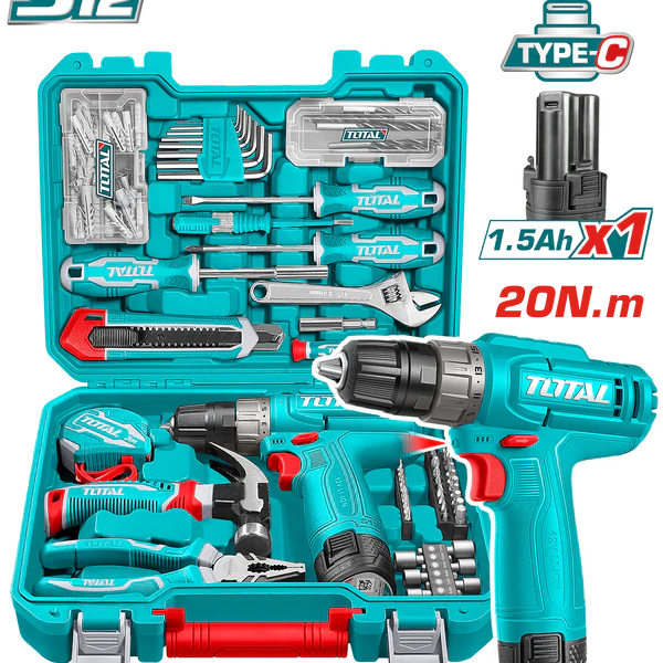 TOTAL Coffret Outils 12 V 148 Pièces Avec Perceuse Visseuse Sans Fil THKTHP41487