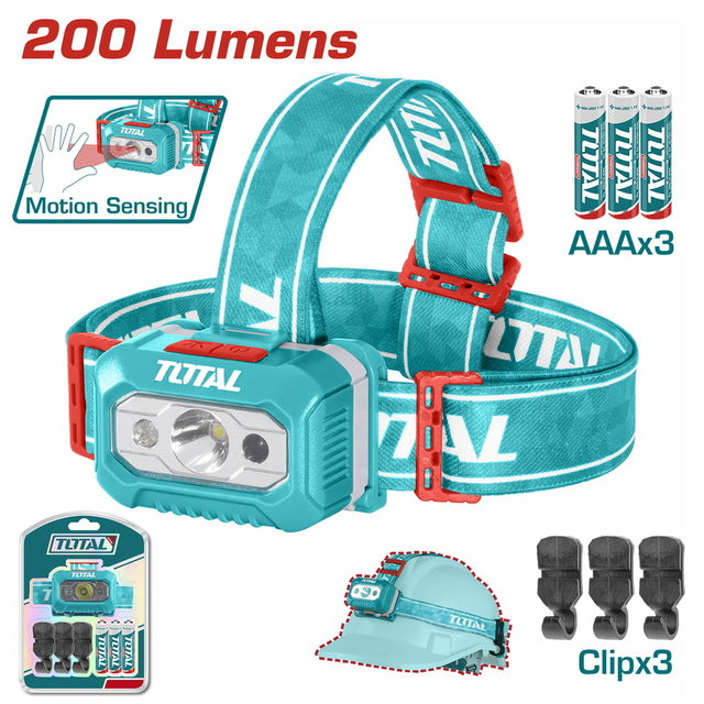 Lampe Frontale LED Pro TOTAL THL013AAA6 Puissance 200 Lumens Portée 91m Triple Piles AAA