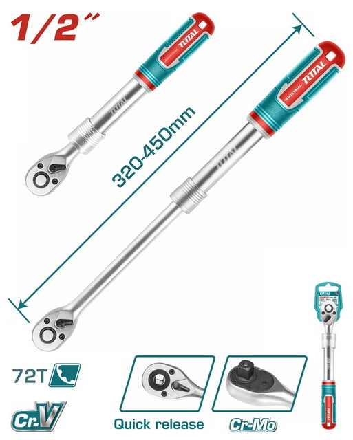 Clé à Cliquet Extensible Réversible 1/2 Pouce THT106128L 72 Dents Système Quick Release