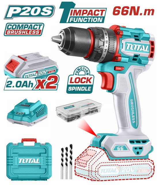 Perceuse à percussion  compacte TOTAL, 20 V/2 Ah/66 Nm BL (TIDLI20668)