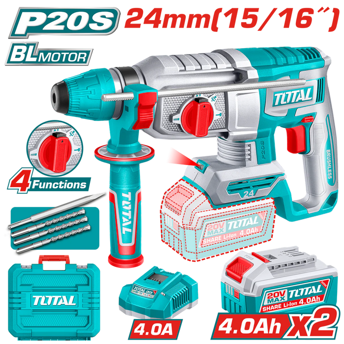 TOTAL Perforateur Burineur Sans Fil 20V Brushless SDS 24mm P20S TRHLI202482