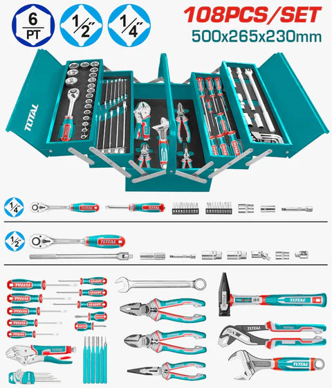 Coffre à outils TOTAL 108 pièces THTCS121081  avec rangement métallique"