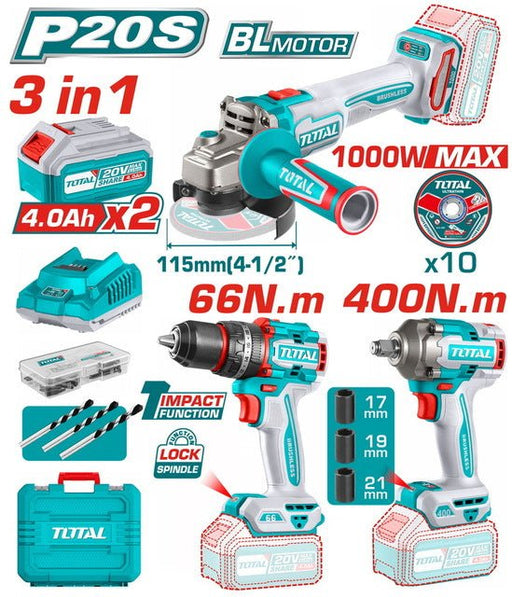Kit Outillage 3 En 1 Total P20S Brushless 20V 2x4Ah Perceuse Clé À Chocs Meuleuse Sans Fil - TOTAL TOOLS TUNISIA Site officiel | Station d'outils