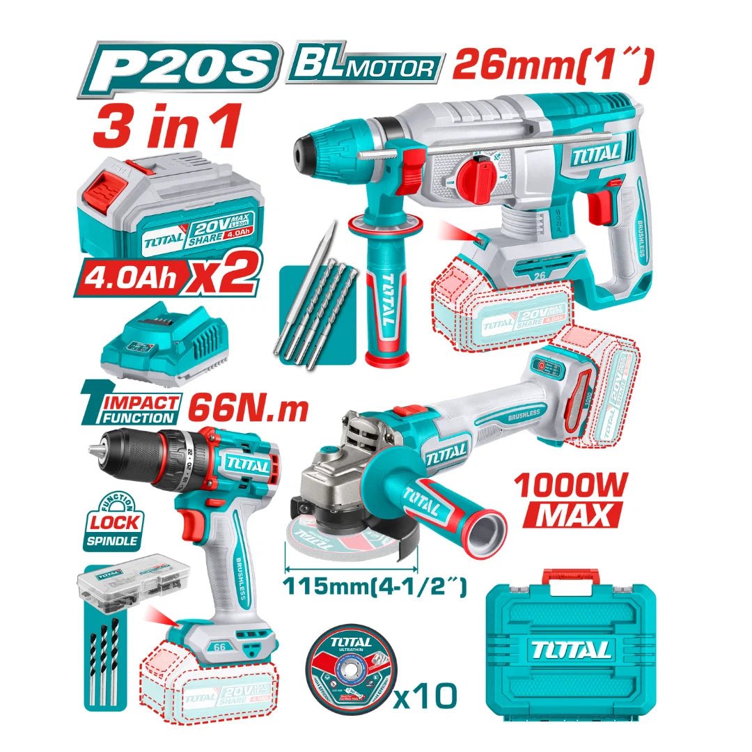 Kit Outillage 3 En 1 Total P20S Brushless 20V Avec 2 Batteries 4Ah ...
