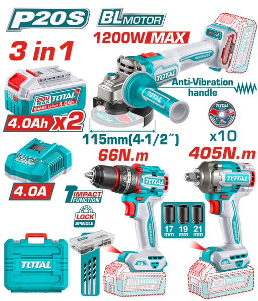 KIT OUTILLAGES 3EN1 20V 2.4AH/CH TCKLI20358 3EN1 20V 2.4AH/CH TCKLI20358 - TOTAL TOOLS TUNISIA Site officiel | Station d'outils