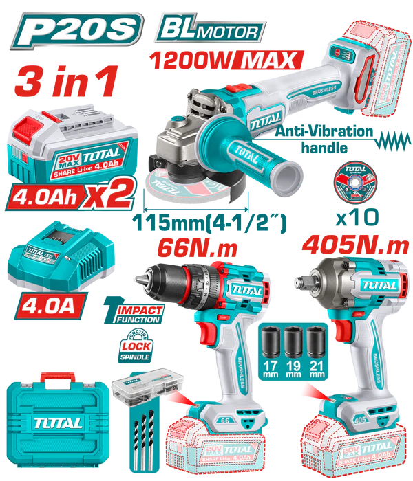 KIT OUTILLAGES 3EN1 20V 2.4AH/CH TCKLI20358 3EN1 20V 2.4AH/CH TCKLI20358 - TOTAL TOOLS TUNISIA Site officiel | Station d'outils