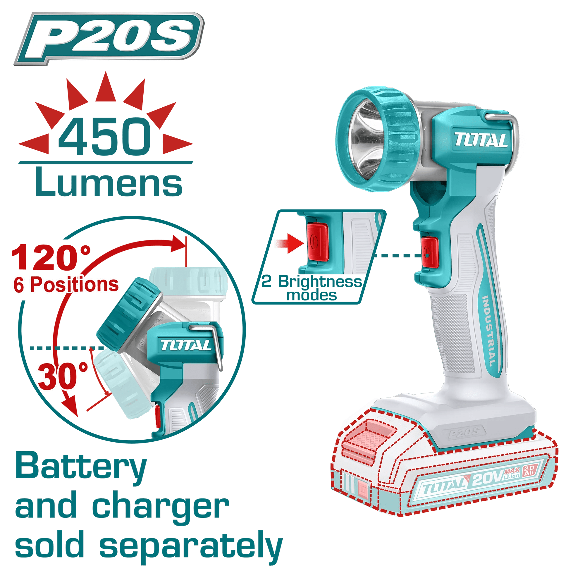 Lampe Torche Sans Fil 20V TOTAL P20S 450 Lumens TWLI2058 - TOTAL TOOLS TUNISIA Site officiel | Station d'outils