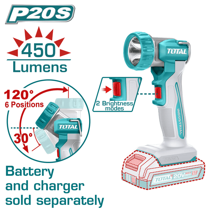 Lampe Torche Sans Fil 20V TOTAL P20S 450 Lumens TWLI2058 - TOTAL TOOLS TUNISIA Site officiel | Station d'outils