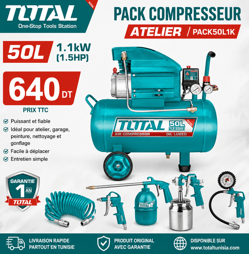 Pack Compresseur 50L TOTAL – L’atelier complet pour vos travaux pneumatiques ! - TOTAL TOOLS TUNISIA Site officiel | Station d'outils