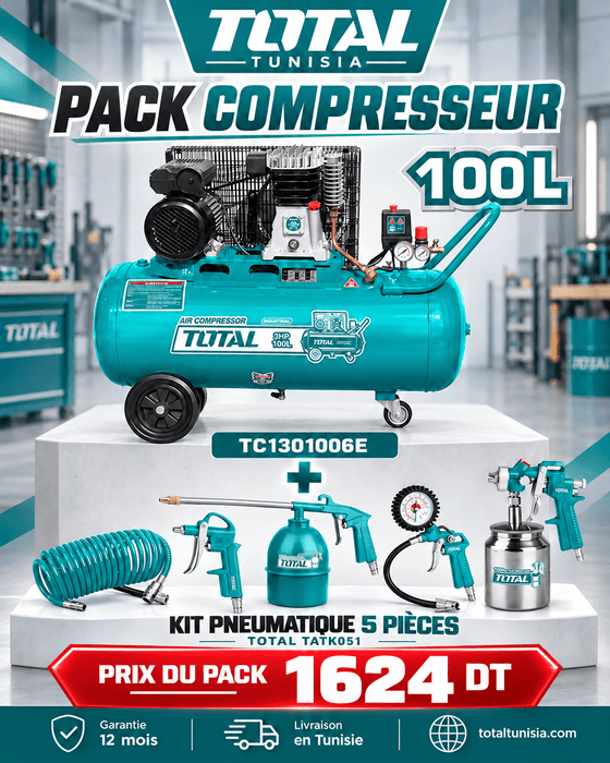 Pack compresseur TOTAL 100 L 3 CV + kit pneumatique 5 pièces - TOTAL TOOLS TUNISIA Site officiel | Station d'outils