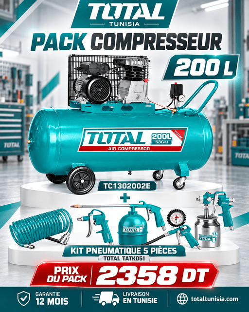 Pack compresseur TOTAL 200 L 3 CV + kit pneumatique 5 pièces - TOTAL TOOLS TUNISIA Site officiel | Station d'outils