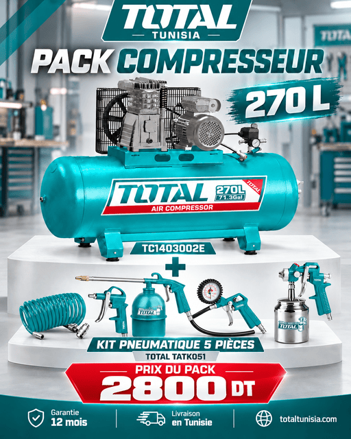 Pack compresseur TOTAL 270 L 4 CV + kit pneumatique 5 pièces - TOTAL TOOLS TUNISIA Site officiel | Station d'outils