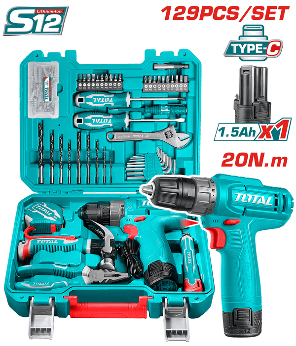 Perceuse Visseuse Sans Fil 12V TOTAL S12 Kit 129 Pièces Type C Recharge - TOTAL TOOLS TUNISIA Site officiel | Station d'outils