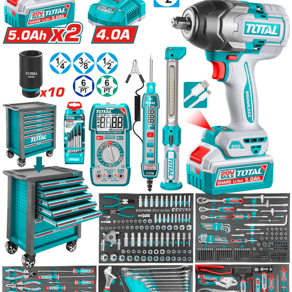 TOTAL Clé À Chocs Sans Fil Brushless 20 V 850 Nm Demi Pouce 396 PCS THPTCS83962