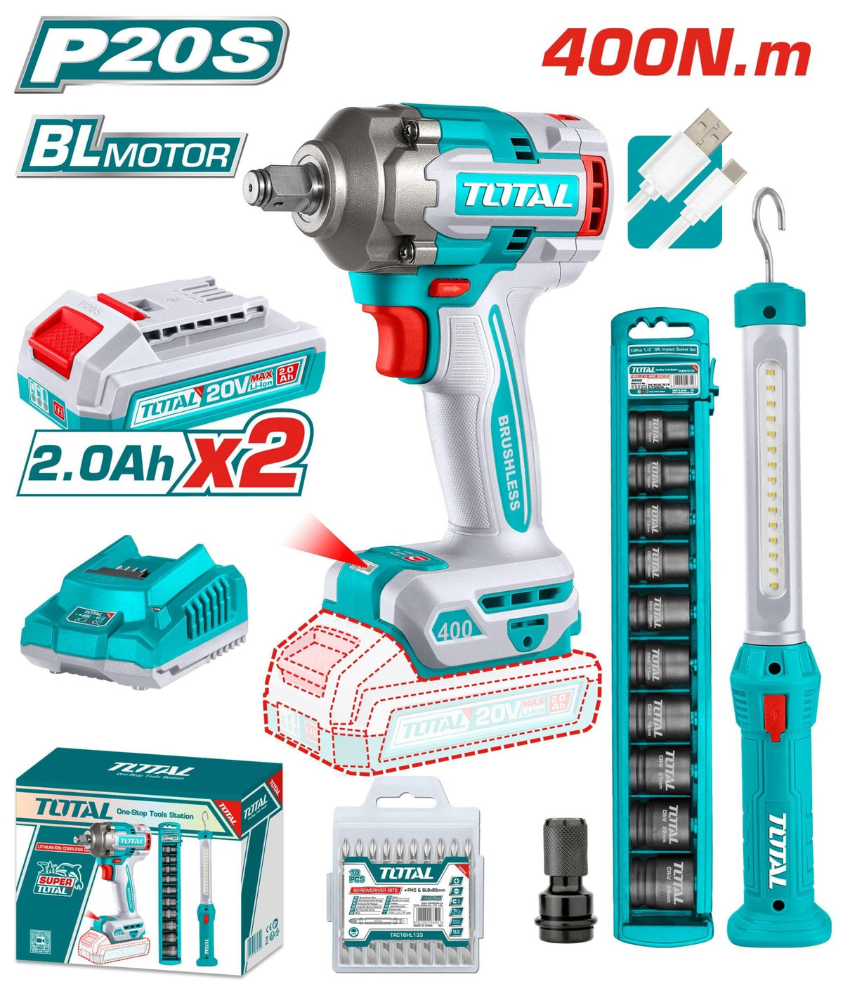 TOSLI23048 TOTAL 20V 400Nm Impact Wrench Kit with Handheld Lamp