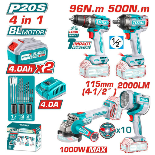 TOSLI241292 Kit 4En1 20V Brushless TOTAL 500Nm Clé À Chocs - TOTAL TOOLS TUNISIA Site officiel | Station d'outils