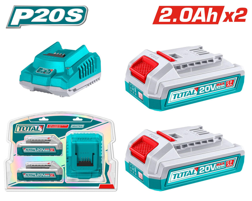TOTAL Chargeur P20S et 2 Batteries 20V 2Ah TFBCPK1222 - TOTAL TOOLS TUNISIA Site officiel | Station d'outils