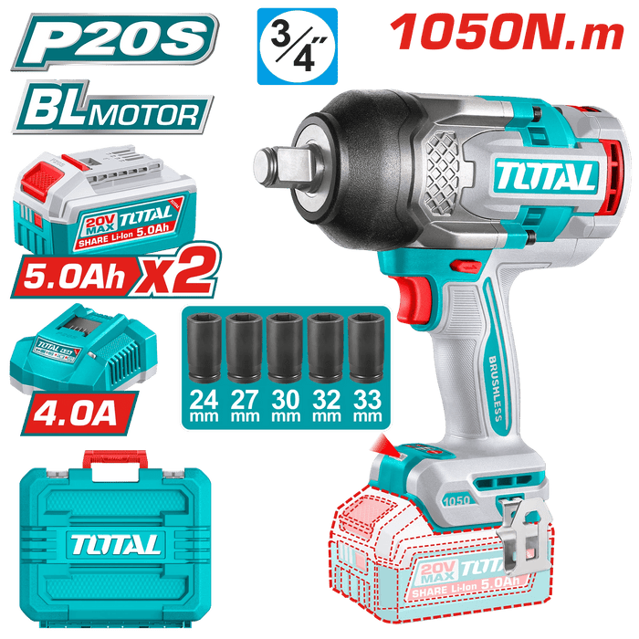 TOTAL Clé À Choc Sans Fil 3 Sur 4 Carré 1050 Nm 20 V Brushless Pro TIWLI20105 - TOTAL TOOLS TUNISIA Site officiel | Station d'outils