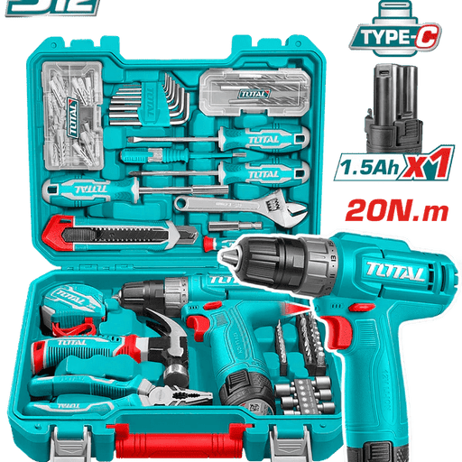TOTAL Coffret Outils 12 V 148 Pièces Avec Perceuse Visseuse Sans Fil THKTHP41487 - TOTAL TOOLS TUNISIA Site officiel | Station d'outils