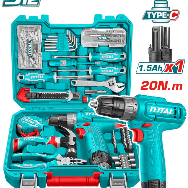 TOTAL Coffret Outils 12 V 148 Pièces Avec Perceuse Visseuse Sans Fil THKTHP41487 - TOTAL TOOLS TUNISIA Site officiel | Station d'outils
