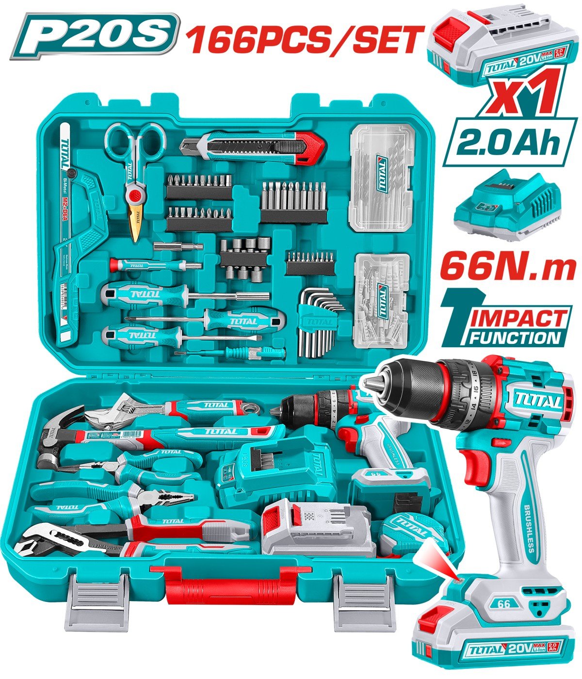 Set profesional de scule TOTAL THKTHP41667 – 166 piese cu mașină de găurit cu percuție Brushless 20V