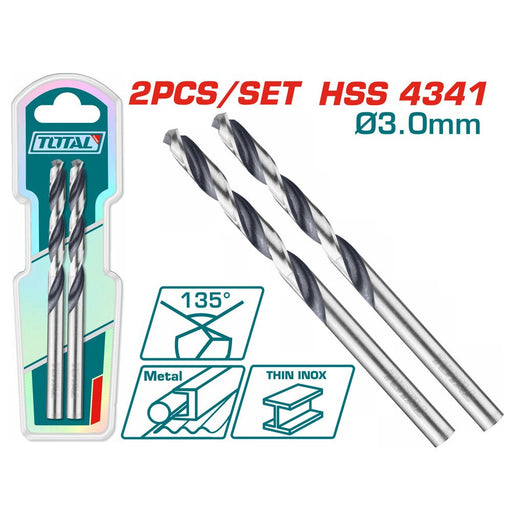 Total Forets HSS 3,0 Mm 2 Pièces Pour Métal Pointe 135 Degres Cylindrique TAC1200034 - TOTAL TOOLS TUNISIA Site officiel | Station d'outils