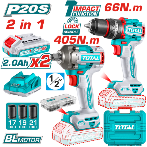 TOTAL Kit 2 En 1 Brushless 20V Avec 2 Batteries 2.0Ah TCKLI20286 - TOTAL TOOLS TUNISIA Site officiel | Station d'outils