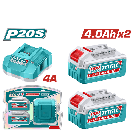 TOTAL Kit Chargeur Rapide 4A et 2 Batteries 20V 4Ah P20S TFBCPK2013 - TOTAL TOOLS TUNISIA Site officiel | Station d'outils