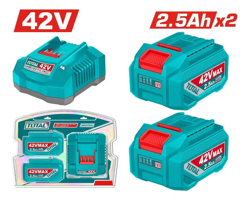 Total Kit Chargeur Rapide Et 2 Batteries 42V 2.5Ah LiIon TFBCPM25221 - TOTAL TOOLS TUNISIA Site officiel | Station d'outils
