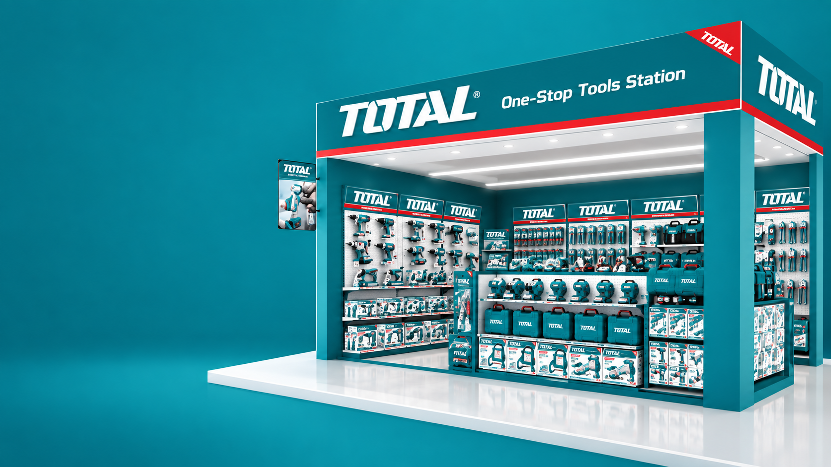 Illustration 3D d’un magasin TOTAL avec présentoirs d’outillage
