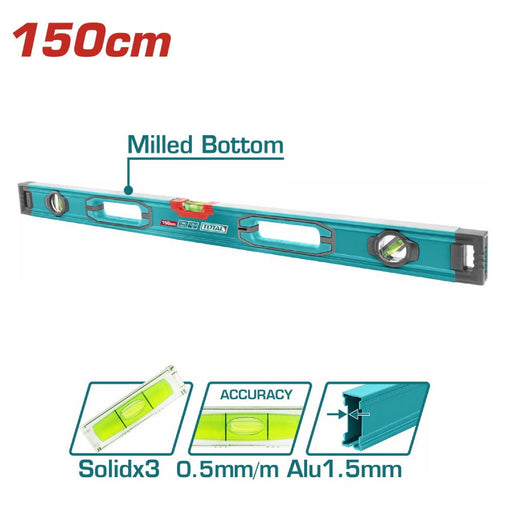 TOTAL Niveau À Eau 150 cm Milled Bottom Aluminium 1,5 mm 3 Fioles TMT215028 - TOTAL TOOLS TUNISIA Site officiel | Station d'outils